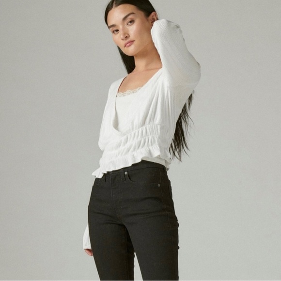 NWT Lucky Brand Ruffle Cinched V-Neck Long Sleeve Top - Picture 2 of 9